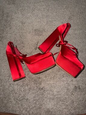 Anna Red Satin Lace-Up Square Toe Heels